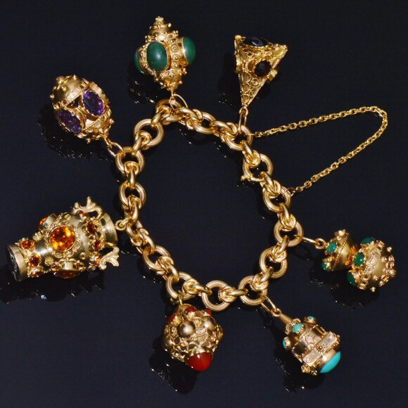 Estate Italian Etruscan Solid 18K Gold Citrine Turquoise Charm Fob Bracelet - Picture 2 of 14